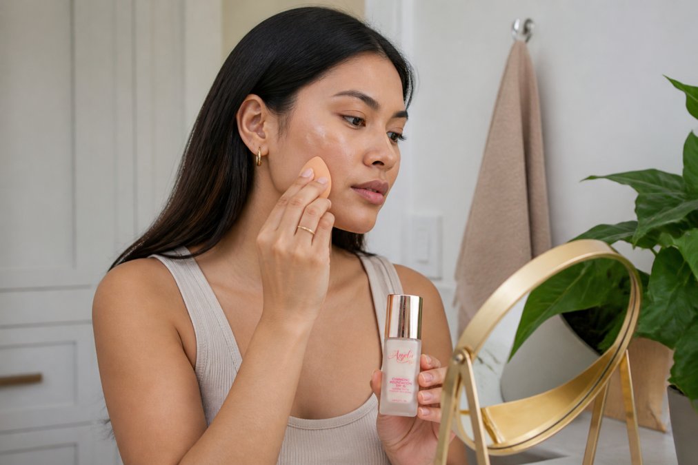 Woman applying foundation makeup to her face with a beauty sponge, showing product blending into skin with natural morning light