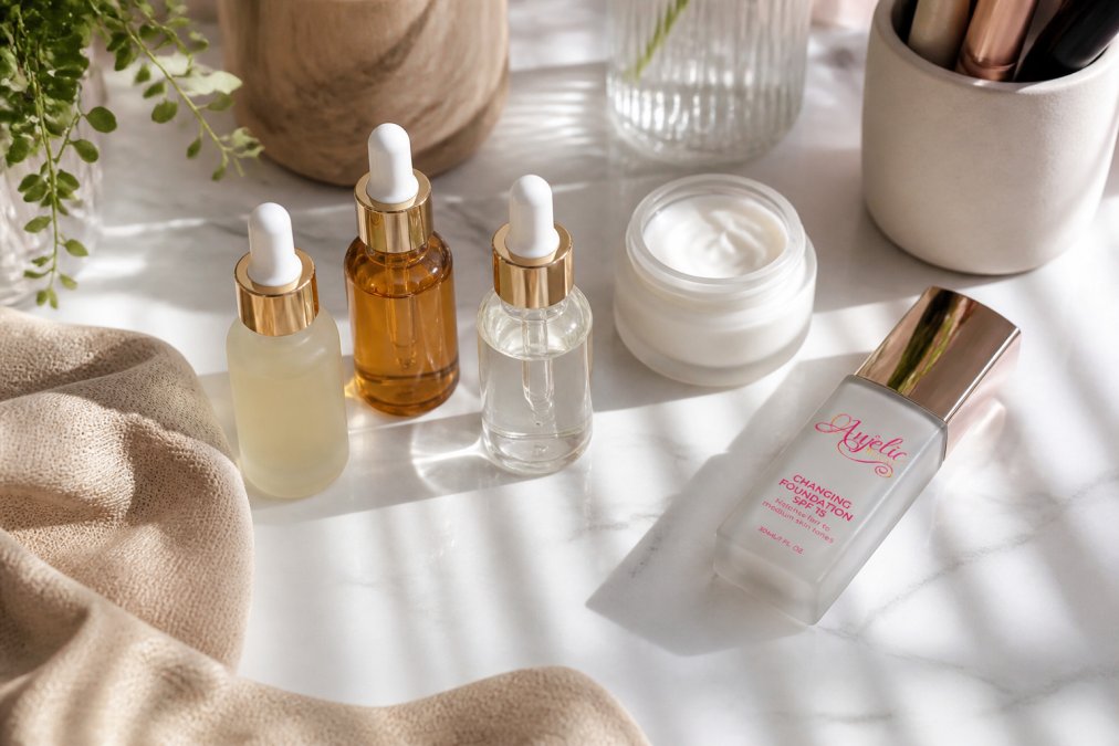 Flat lay arrangement of skincare serums in glass bottles, moisturizer jar, and liquid foundation on white marble surface with soft natural window lighting