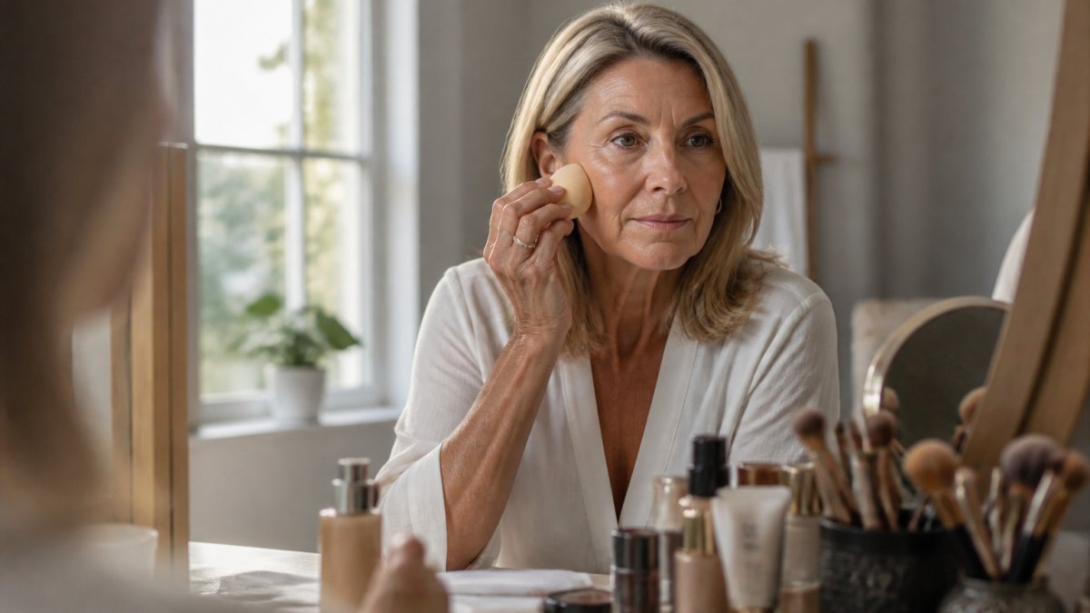 Woman in her 50s applying foundation with a damp beauty sponge to her cheek, demonstrating proper blending technique with natural window lighting illuminating the application