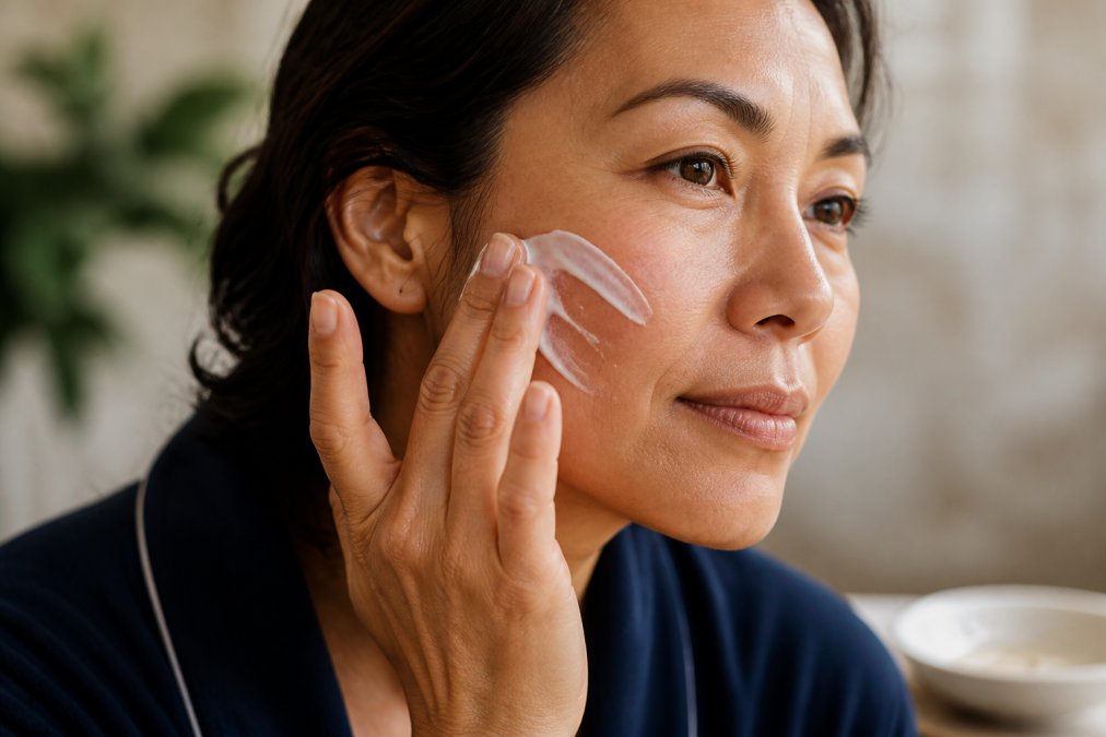 Close-up of hands applying rich, creamy moisturizer to dry, sensitive skin on the cheek, showing gentle application and visible texture of nourishing cream