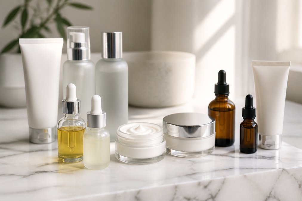Flatlay of skincare serums, moisturizers, and sunscreen arranged on a clean white marble surface, with soft natural light illuminating the varied product textures and glass bottle details