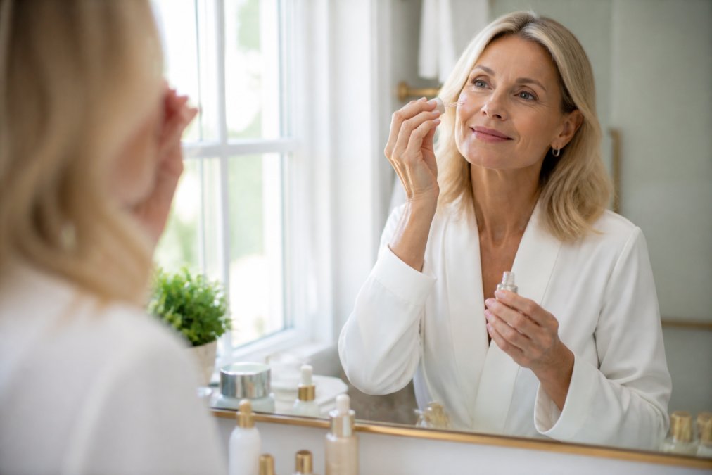 A woman in her early 50s applying serum to her face in front of a bright bathroom mirror, looking relaxed and confident during her morning skincare routine, warm natural light from a window beside her