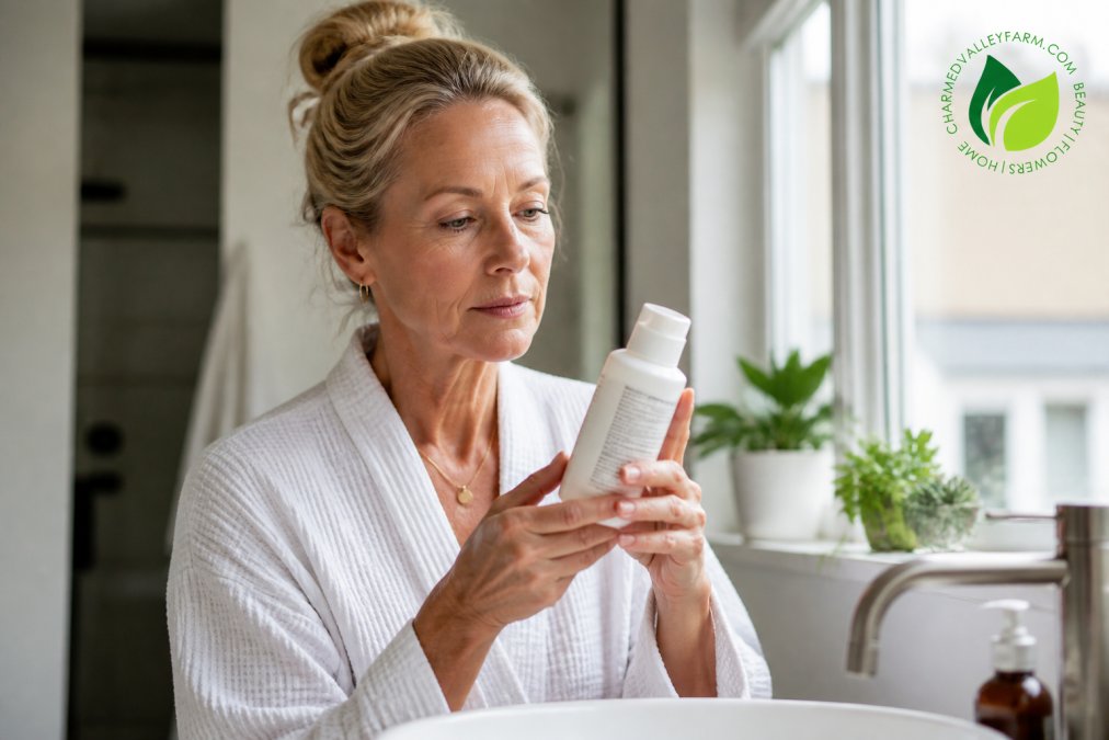 Woman in her 50s reading the ingredient label on a skincare bottle in a bright, sunlit bathroom