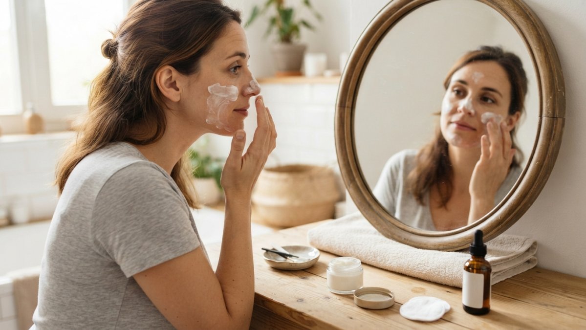 Woman applying face cream to her cheek and forehead in a mirror while avoiding the neck and chest area