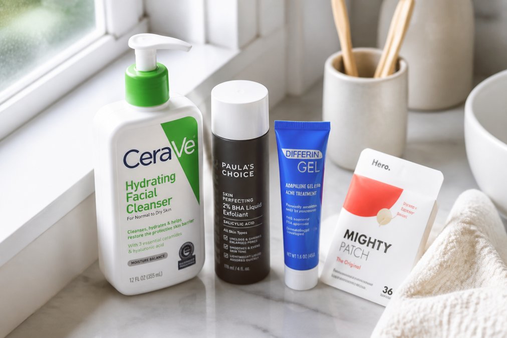 Flat lay of several acne skincare product bottles and tubes, including CeraVe cleanser, Differin gel, Paula's Choice BHA, and Hero Cosmetics patches, arranged on a clean white marble bathroom countertop under soft natural window lighting