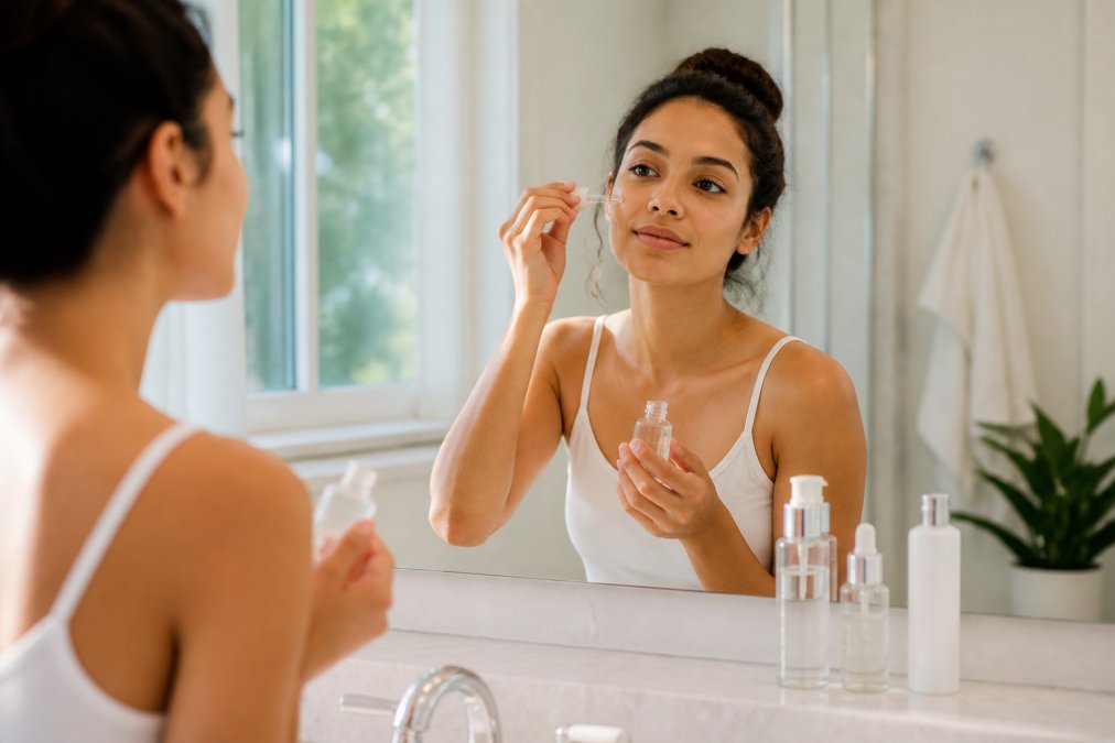 Young woman applying a serum to her face in a bright bathroom mirror, with a gentle cleanser, BHA exfoliant, and moisturizer bottles lined up neatly on the counter beside her under warm morning light