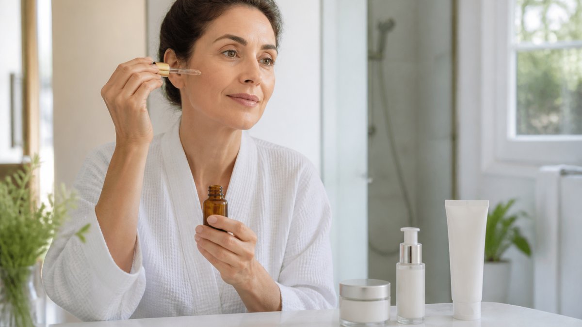 A woman in her mid-40s with combination skin applying a vitamin C serum at a bathroom vanity in soft morning light, with a cleanser, moisturizer, and broad-spectrum SPF 30+ sunscreen arranged nearby