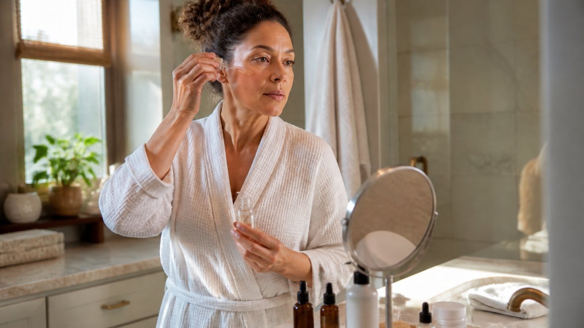 A woman in her forties standing at a softly lit bathroom vanity in the morning, applying serum to her face with calm focus, skincare bottles arranged neatly on a marble counter beside a small hand mirror