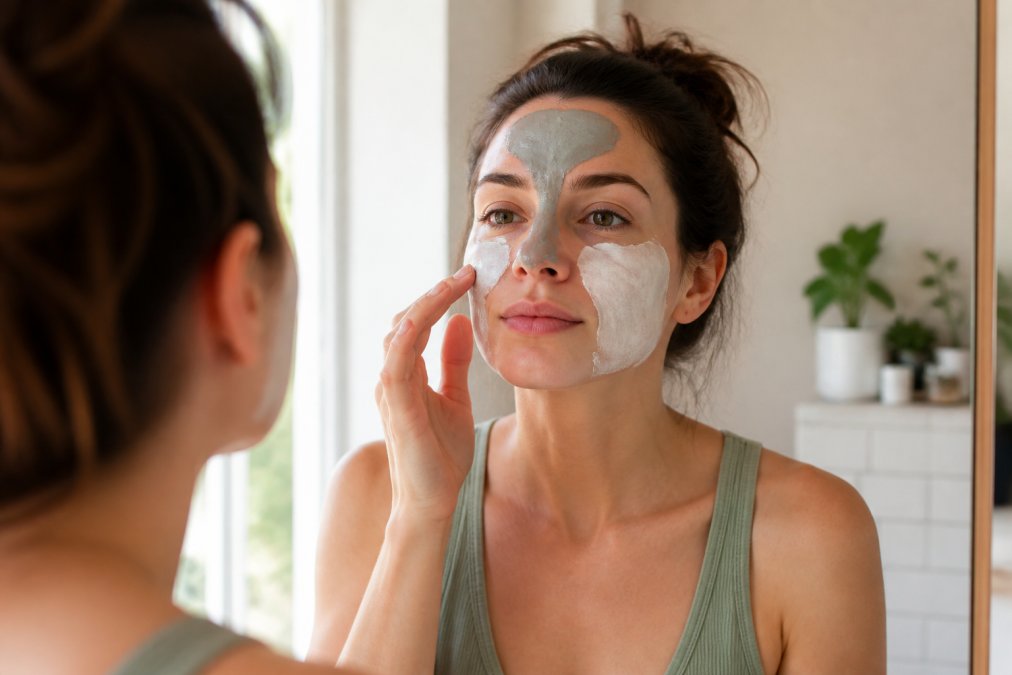 Woman with combination sensitive skin applying clay mask to T-zone and hydrating cream to her cheeks