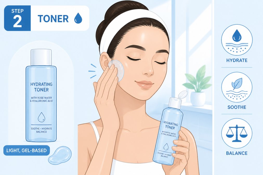Person applying a light, gel-based toner to their face in a bright, minimalist bathroom with natural window lighting, showing the product being gently patted into the skin