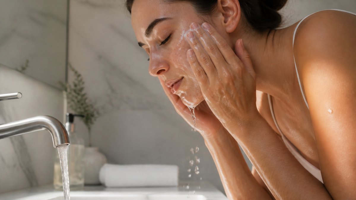 Hands applying a lightweight gel cleanser to face to care for oily sensitive skin over a bright bathroom sink