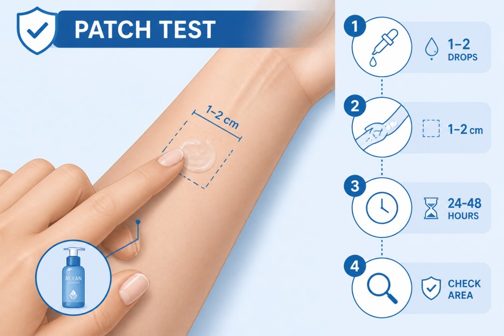 Close-up of a person's inner forearm showing a small amount of skincare product being applied to a patch of skin for testing purposes, with clear natural lighting showing the application technique