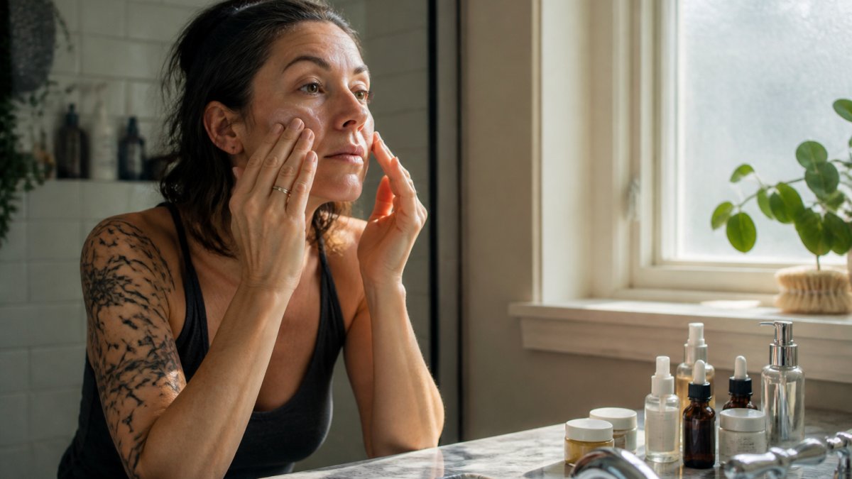 Woman in her 40s applying moisturiser to her face in natural morning light, bathroom setting with skincare products visible on the marble counter, hands gently pressing product into cheeks