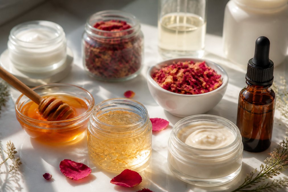 Close-up of skincare product bottles and jars with natural ingredients like honey, rose petals, and a small dropper bottle of serum arranged on a soft white surface