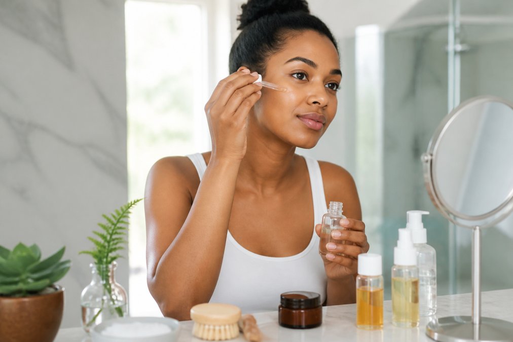 A woman with clear, glowing skin gently applying a lightweight serum to her face in a bright, natural-light bathroom with minimalist skincare products arranged neatly on the counter