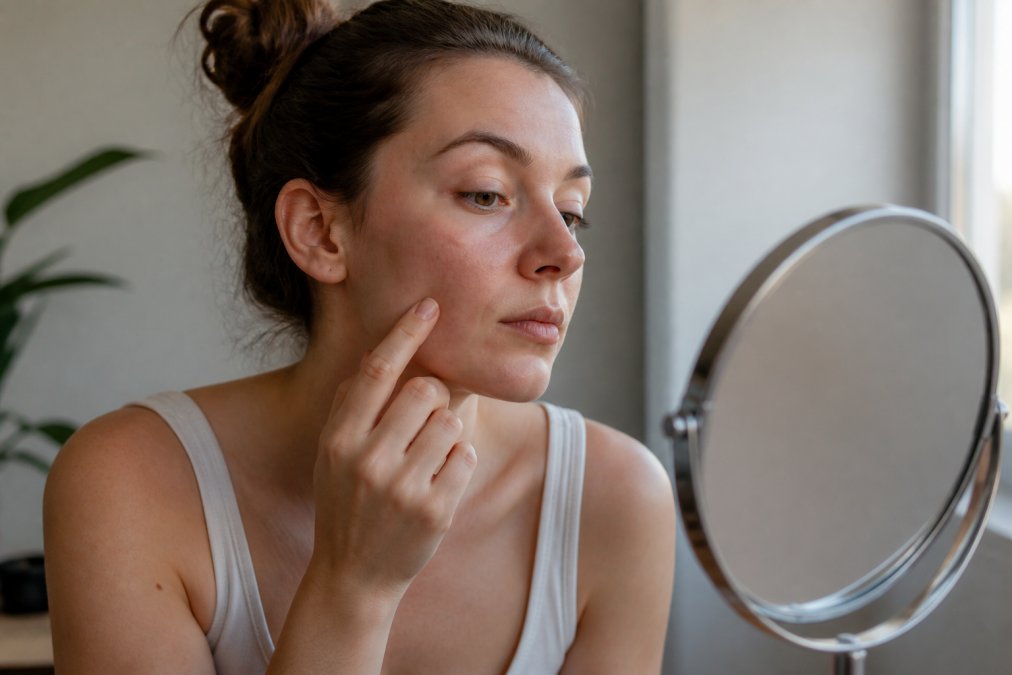 Close-up of a woman examining her skin in natural daylight, looking in a mirror with a thoughtful expression, showing different skin texture areas on her face