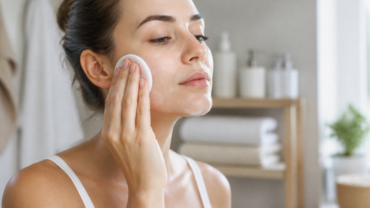 Mani che applicano un latte detergente sul viso con un dischetto di cotone in un bagno luminoso e curato