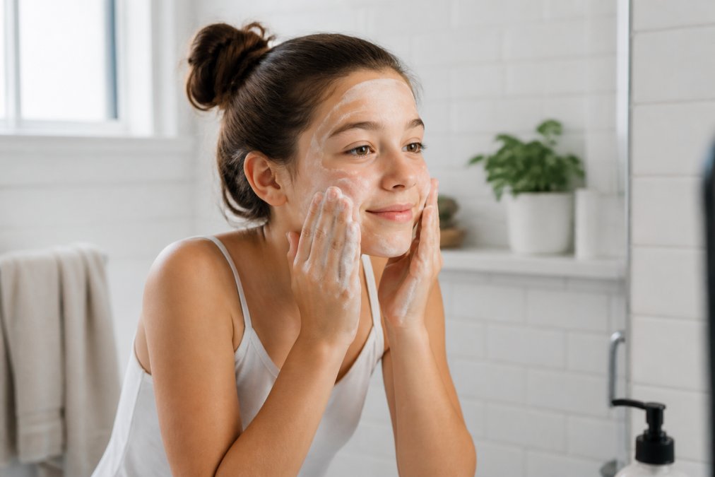 A young tween girl standing at a bathroom sink, gently washing her face with a creamy cleanser, soft natural light, clean and minimal white-tiled bathroom setting, looking relaxed and focused