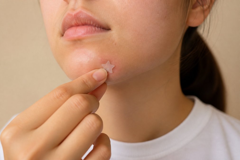 Close-up of a tween's hand carefully pressing a small star-shaped acne patch onto a blemish on their chin, warm soft lighting, neutral beige background, gentle and deliberate motion
