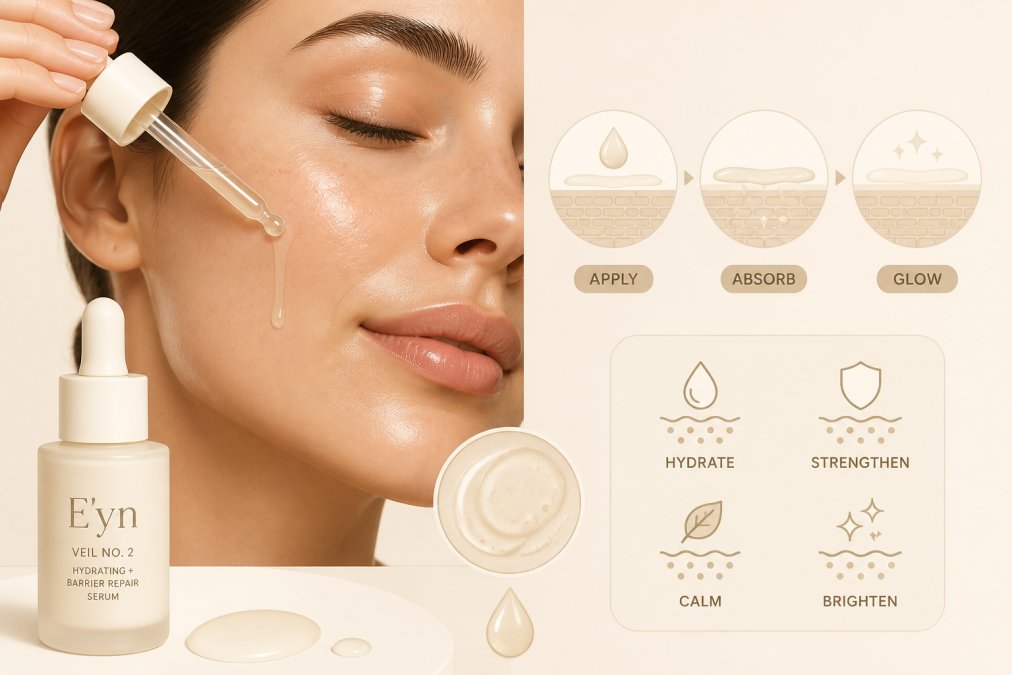 Close-up of person with visibly calm, luminous skin applying a lightweight serum with a glass dropper, showing the product's texture and absorption into dewy skin