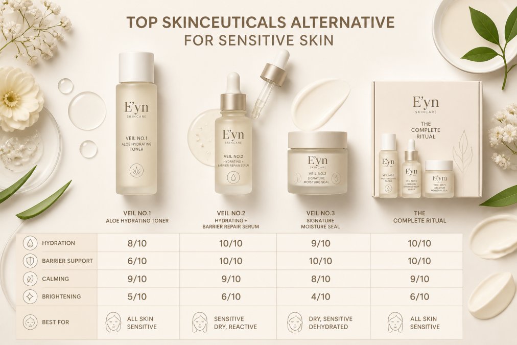 Flat lay of four different serum bottles and moisturizers arranged on a light background with fresh botanical elements and droppers, showing product variety and professional presentation