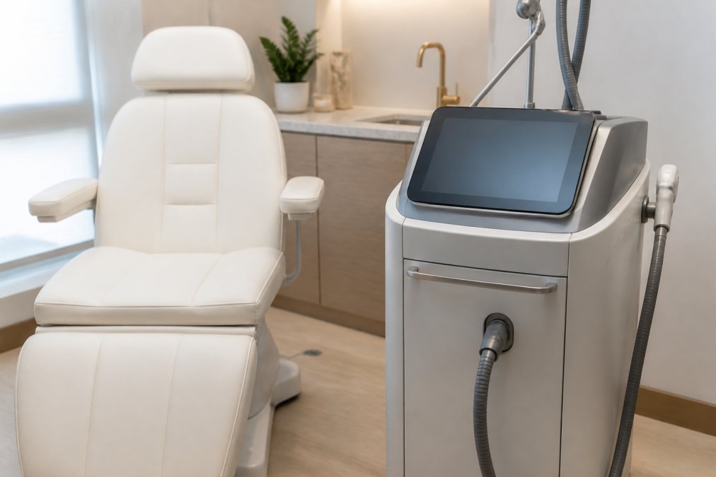 A bright, modern medical spa treatment room featuring an advanced laser platform beside a consultation chair, soft clinical lighting and clean surfaces