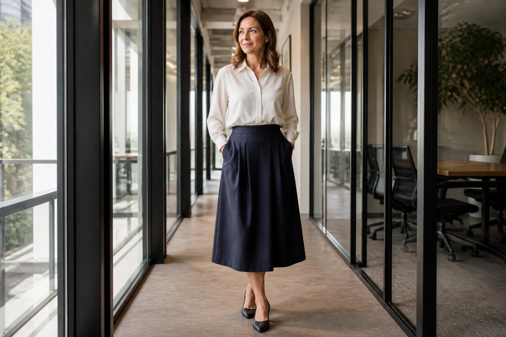 A woman in her forties wearing a tailored midi skirt with visible side pockets, styled with a tucked-in blouse and low heels, standing in a bright modern office corridor with glass walls and natural light