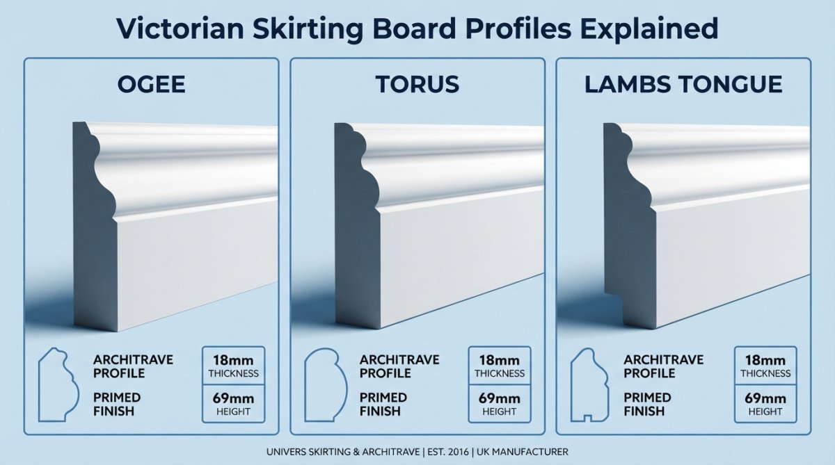 Close-up of three different skirting board profiles displayed side-by-side showing ogee, torus, and lambs tongue details with clear shadow definition under studio lighting