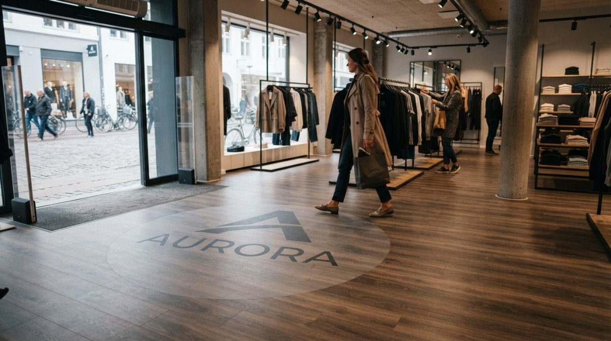Moderne butik med elegant logogulv, kunde går over det trykte logo, naturligt lys fra vindue viser detaljerne af gulvet