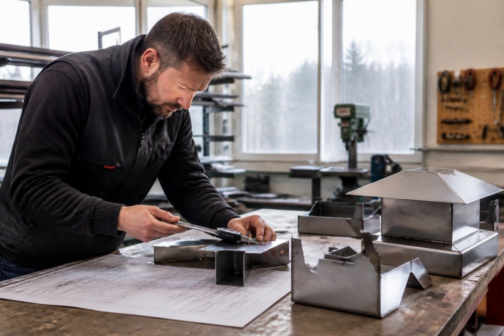 Håndverker inspiserer skreddersydde metallbeslag ved siden av tekniske tegninger, måler nøyaktig og viser kvalitetskontroll i verksted med naturlig belysning