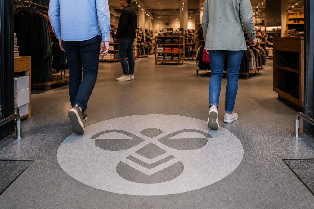En moderne butik med et stort, trykt logo på gulvet ved indgangen. Kunder går henover gulvet, og logoet er tydeligt synligt og skridsikkert.