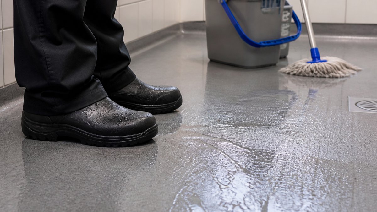 Skridsikkert vinylgulv til vådområder i butik 2 A close-up photograph of a person's feet in non-slip shoes standing on a textured, grey vinyl floor in a wet room area, with a bucket and mop visible in the background