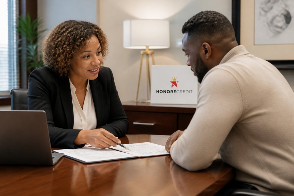 Professional advisor meeting with client across polished wooden table, discussing credit repair strategy with documents and laptop, warm office lighting