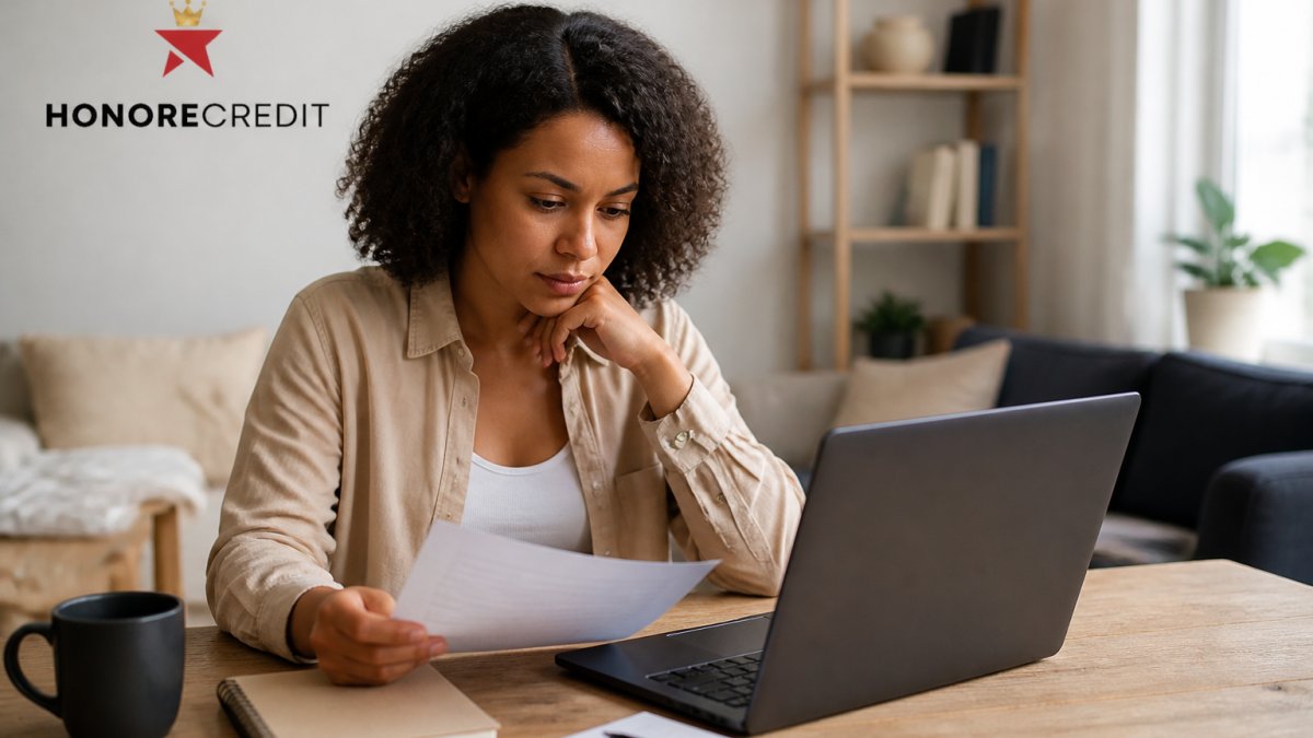 A person reviewing credit repair service options on a laptop at a tidy home desk, with a notepad and coffee nearby