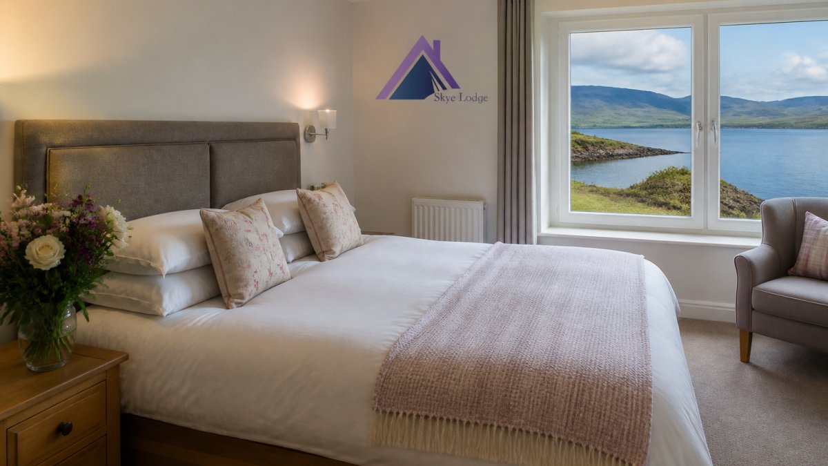 Luxury ensuite bedroom with handmade bed, morning light streaming through window revealing loch views, fresh flowers on bedside table, crisp white linens
