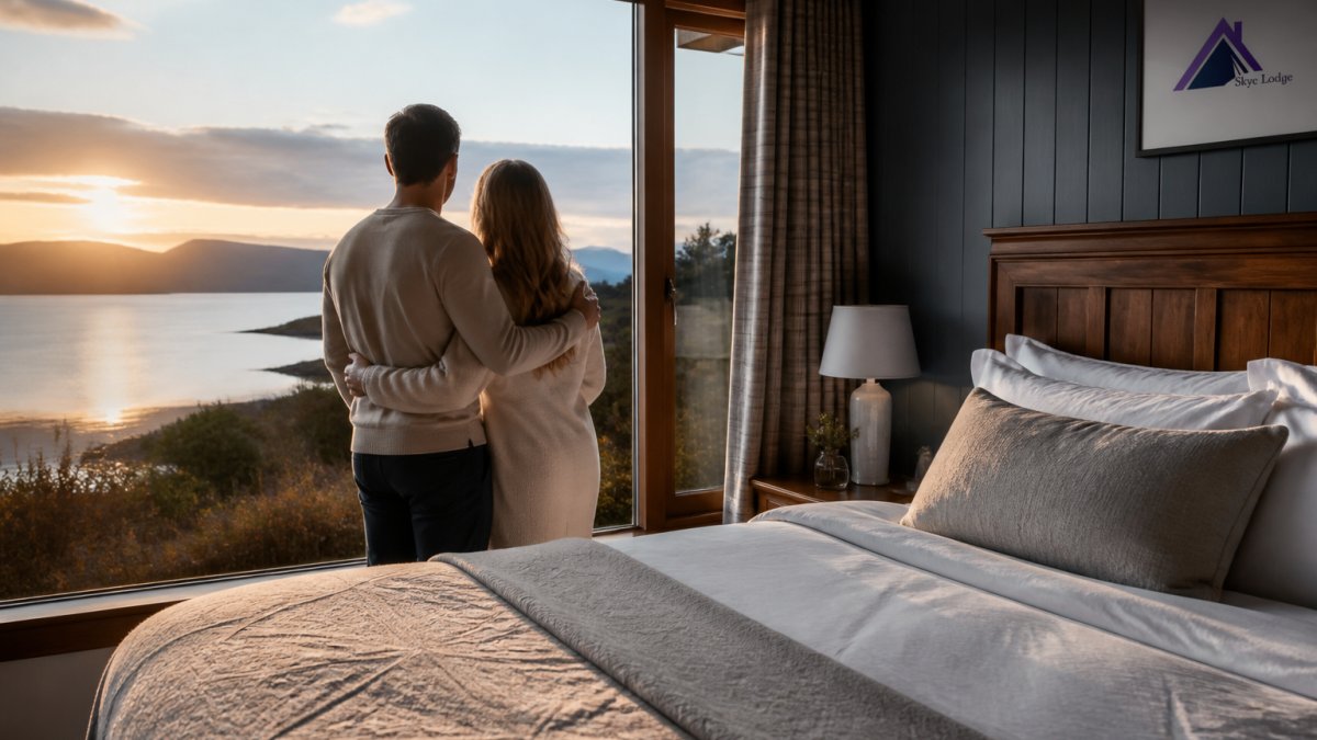 Couple enjoying sunrise from a luxury lodge window overlooking Skye's loch, soft morning light on handmade bed with premium linens in background