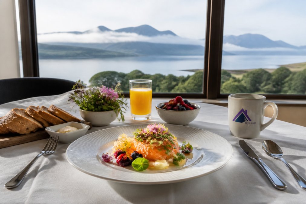 Elegantly plated gourmet breakfast with locally foraged ingredients and wild herbs arranged on fine china, fresh berries and artisan bread visible, with panoramic loch views and misty mountains framed through large bay windows in soft morning light