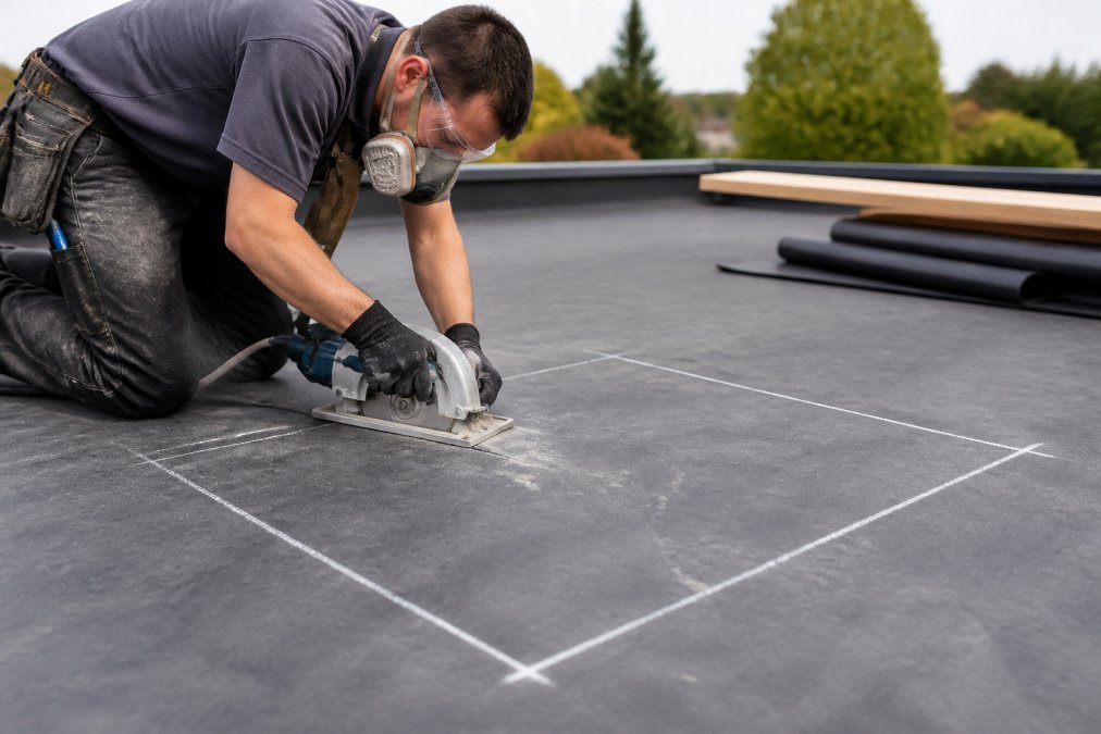 Roofer using circular saw to cut a clean opening through EPDM membrane on flat roof, with chalk marking visible and protective equipment in place