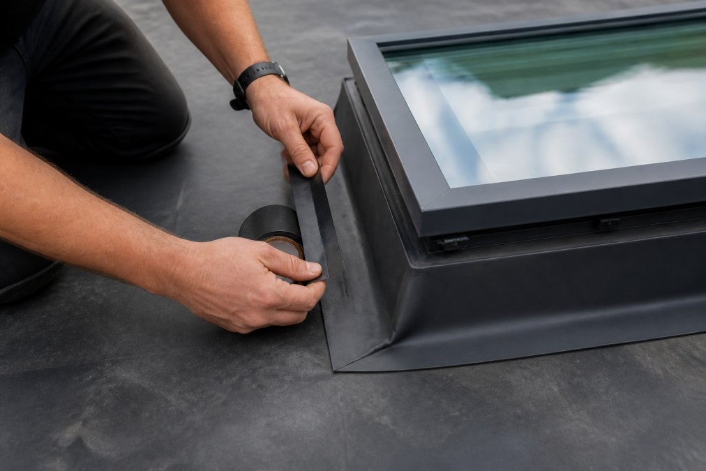 Close-up of hands applying structural glazing tape and EPDM membrane around skylight kerb during installation, showing weatherproofing materials and flashing detail