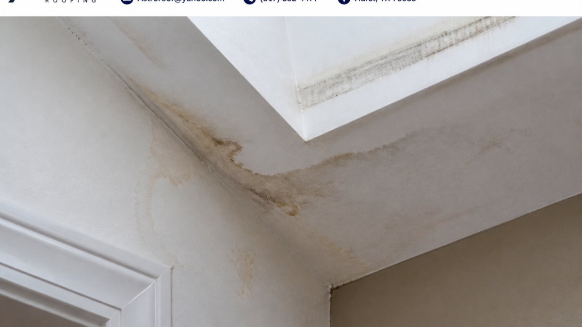 Diagram showing water stains and moisture damage patterns around a leaking skylight requiring repair services.