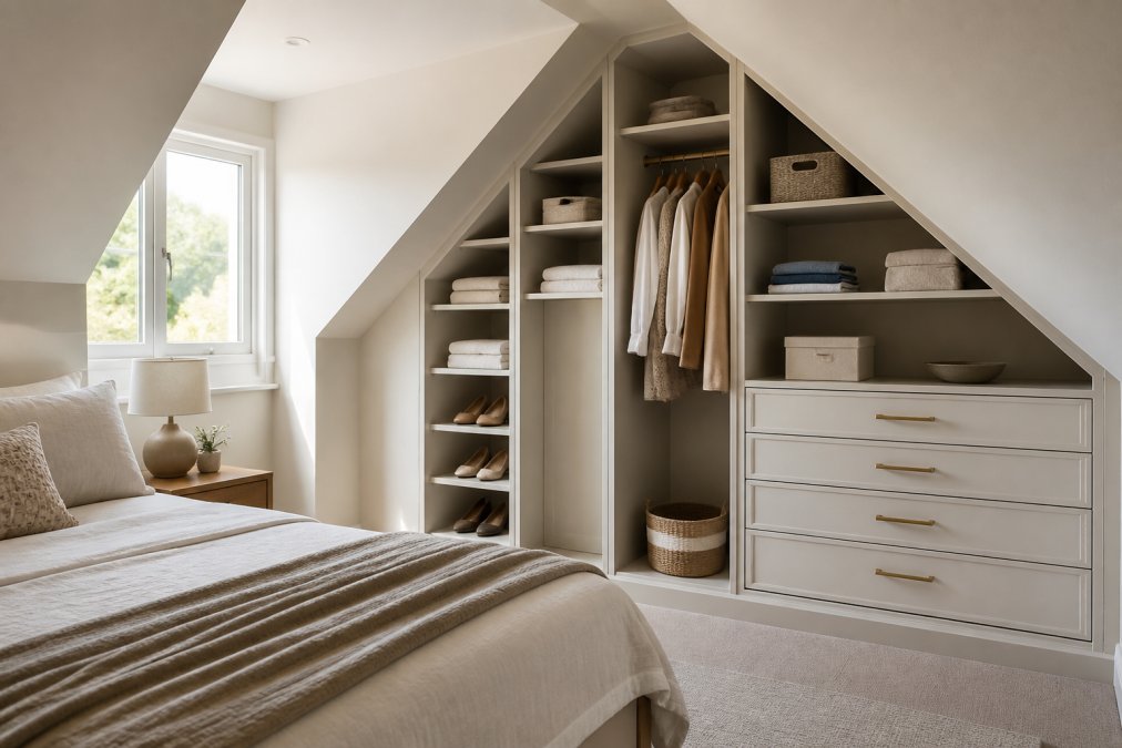 A bright attic bedroom with a sloped ceiling, showing a custom-fitted wardrobe with tapered shelving and a low drawer stack tucked into the eaves, neutral tones, soft daylight from a dormer window