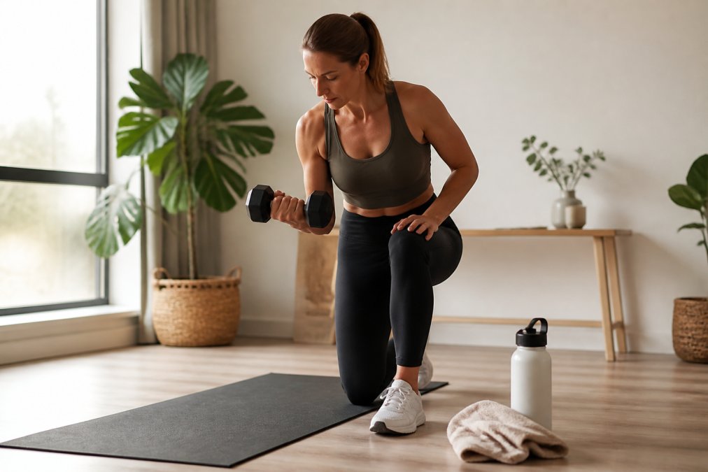 Iemand traint thuis met dumbbells op een yogamat om een slappe huid te voorkomen met krachttraining.