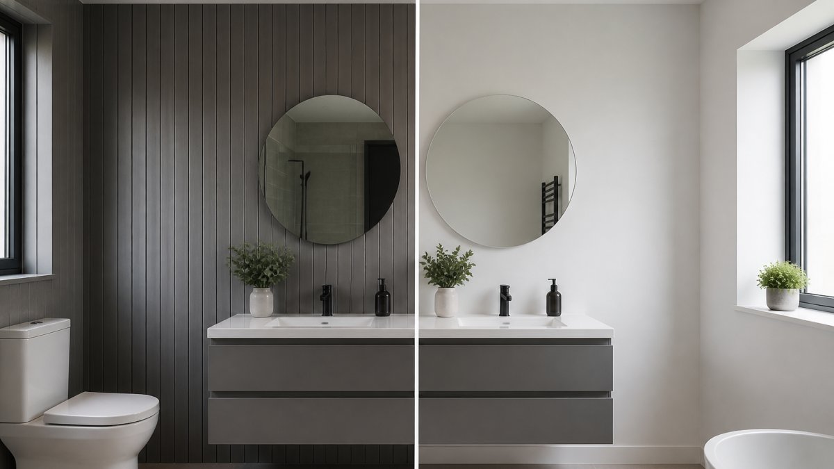 Comparison infographic showing a modern grey slat wall versus a freshly painted white bathroom wall.