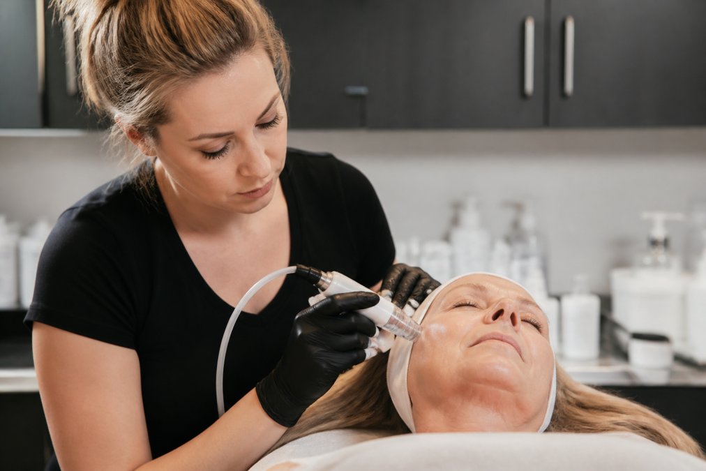 A calm, professional treatment room where a certified artist in gloves carefully performs a restorative procedure on a relaxed middle-aged client, soft clinical lighting, clean modern equipment