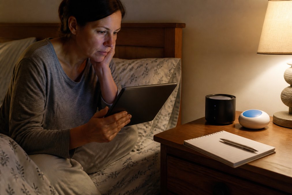 A person sitting on the edge of a bed at night, looking at a tablet displaying a comparison of sleep aid gadgets, with a notebook and pen nearby on the nightstand