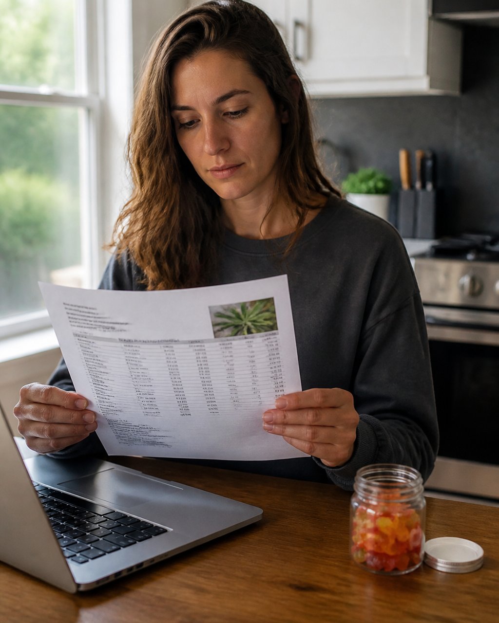 A person at a kitchen table holding a printed lab report next to a laptop and a small jar of THC gummies, natural window light, focused expression