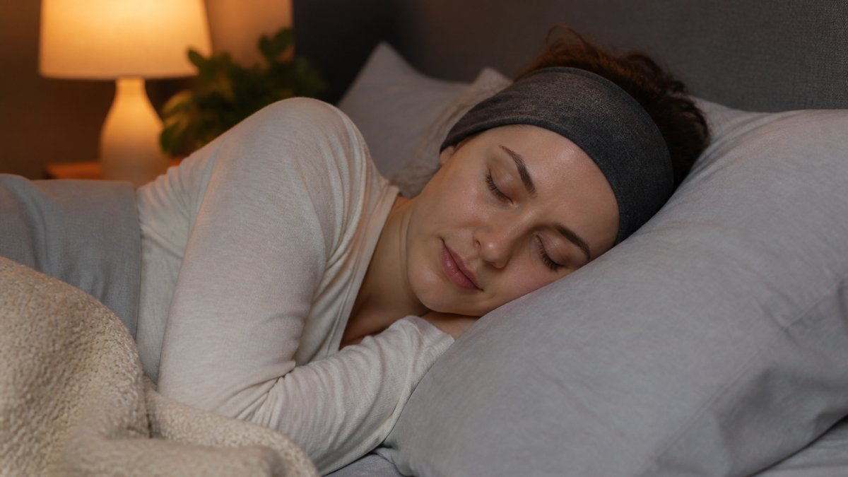 A side sleeper resting comfortably in bed wearing a soft fabric headband with ultra-thin speakers, head supported by a pillow, calm bedroom with warm low light