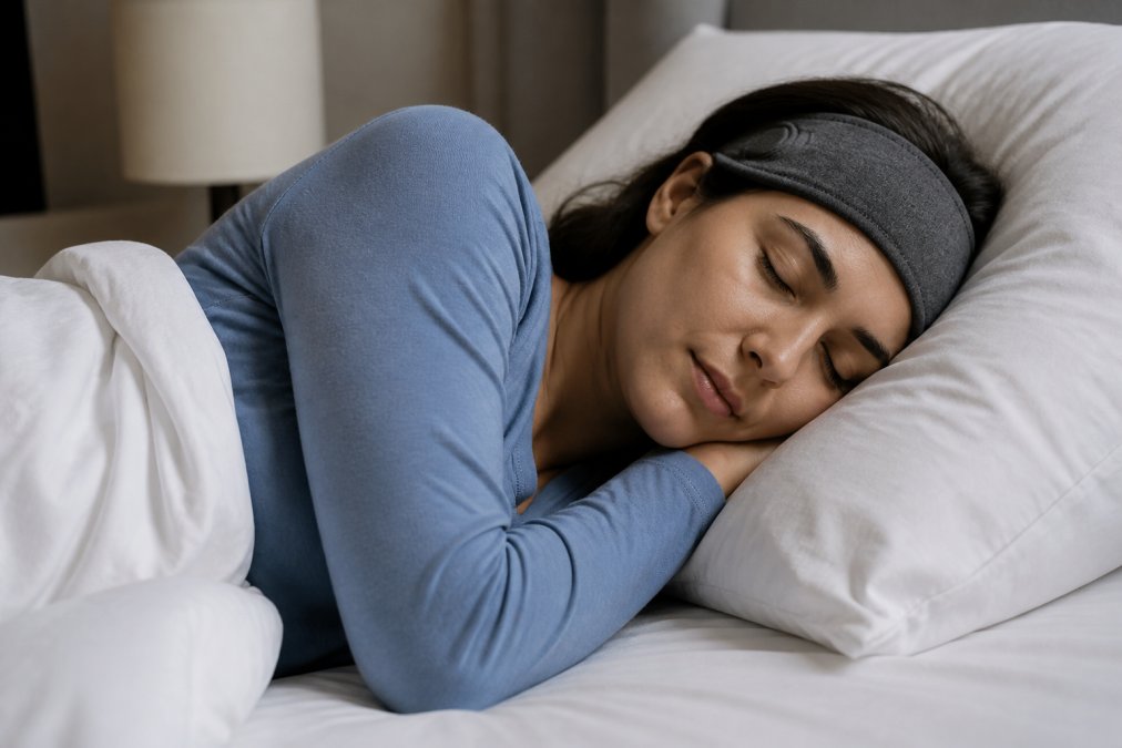 Person sleeping on their side wearing a comfortable fabric headband with thin sleep headphones on a soft pillow.