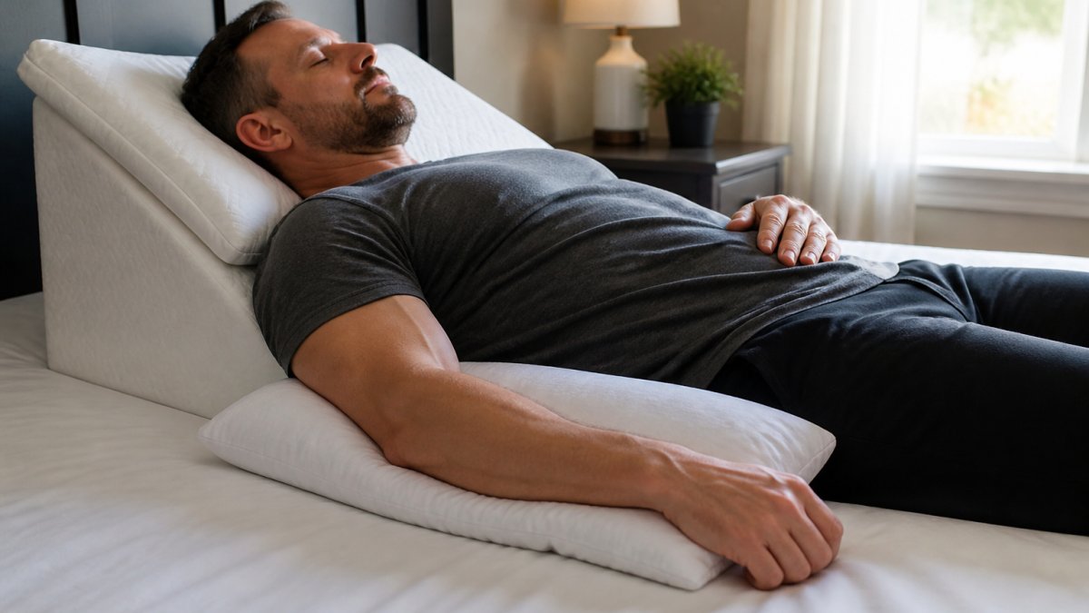 A person lying on their back in bed with a wedge pillow under the upper body and a small pillow supporting the arm at the side, bedroom setting with soft morning light