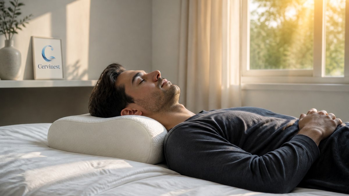 Person sleeping on their back on a bed with proper cervical pillow support, head and neck in neutral alignment, morning sunlight through bedroom window
